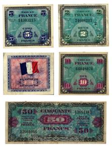 Un billet de banque en francs, fabriqué par les alliés, pour servir en France libérée, qualifié de fausse monnaie par De Gaulle...