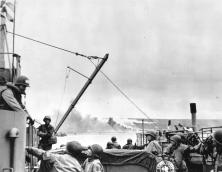 (details) Viewed from the bridge of an LST, Dog White Beach and LCI Fires