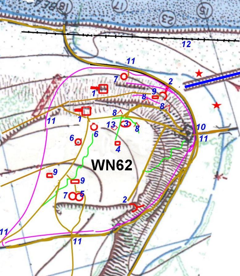Plan du WN 62 - Les tranchées sont en vert les ruisseaux et fossés antichars en bleu, les chemins en marron
